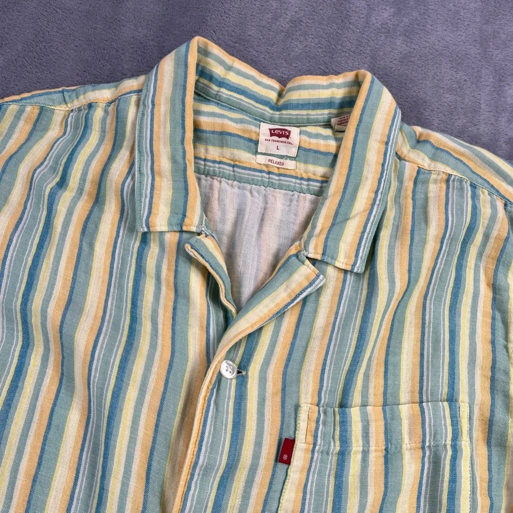 Levis Button Up L Yellow Blue Stripe Relaxed Short Sleeve Coastal Gauze Retro